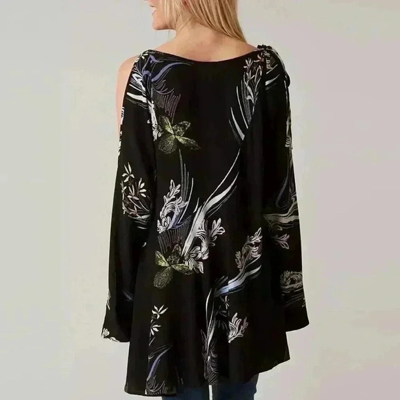 Free People  Clear Skies Printed Cold Shoulder Tunic Floral Boho Black Women's M - Picture 2 of 14
